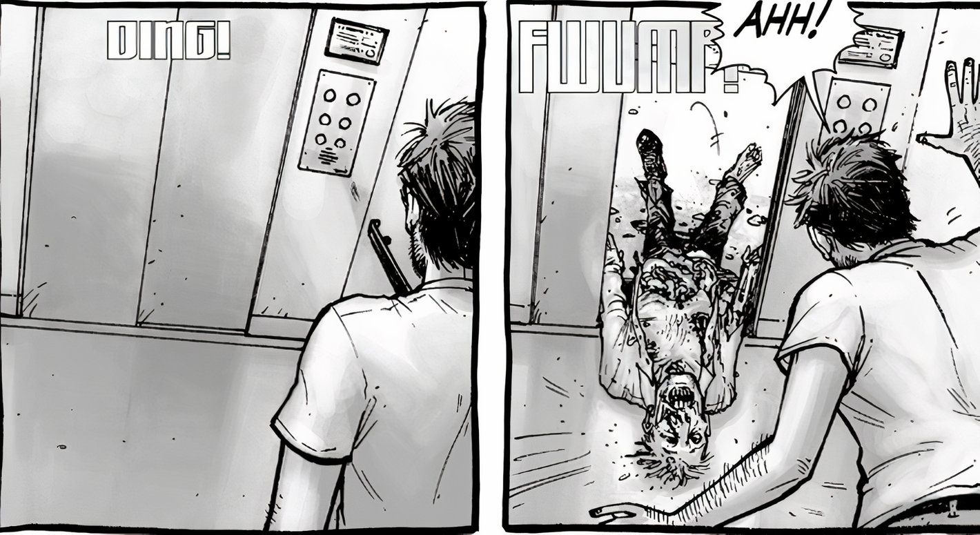 Comic book panels: Rick Grimes is shocked when a zombie corpse falls out of the hospital elevator.