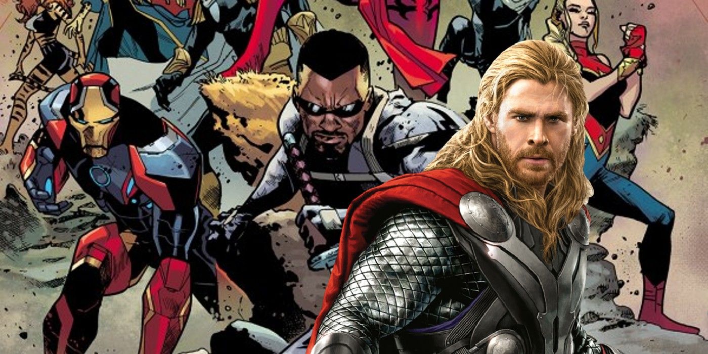 MCU Thor stands layered over Blade from a cover of Blood Hunt #5