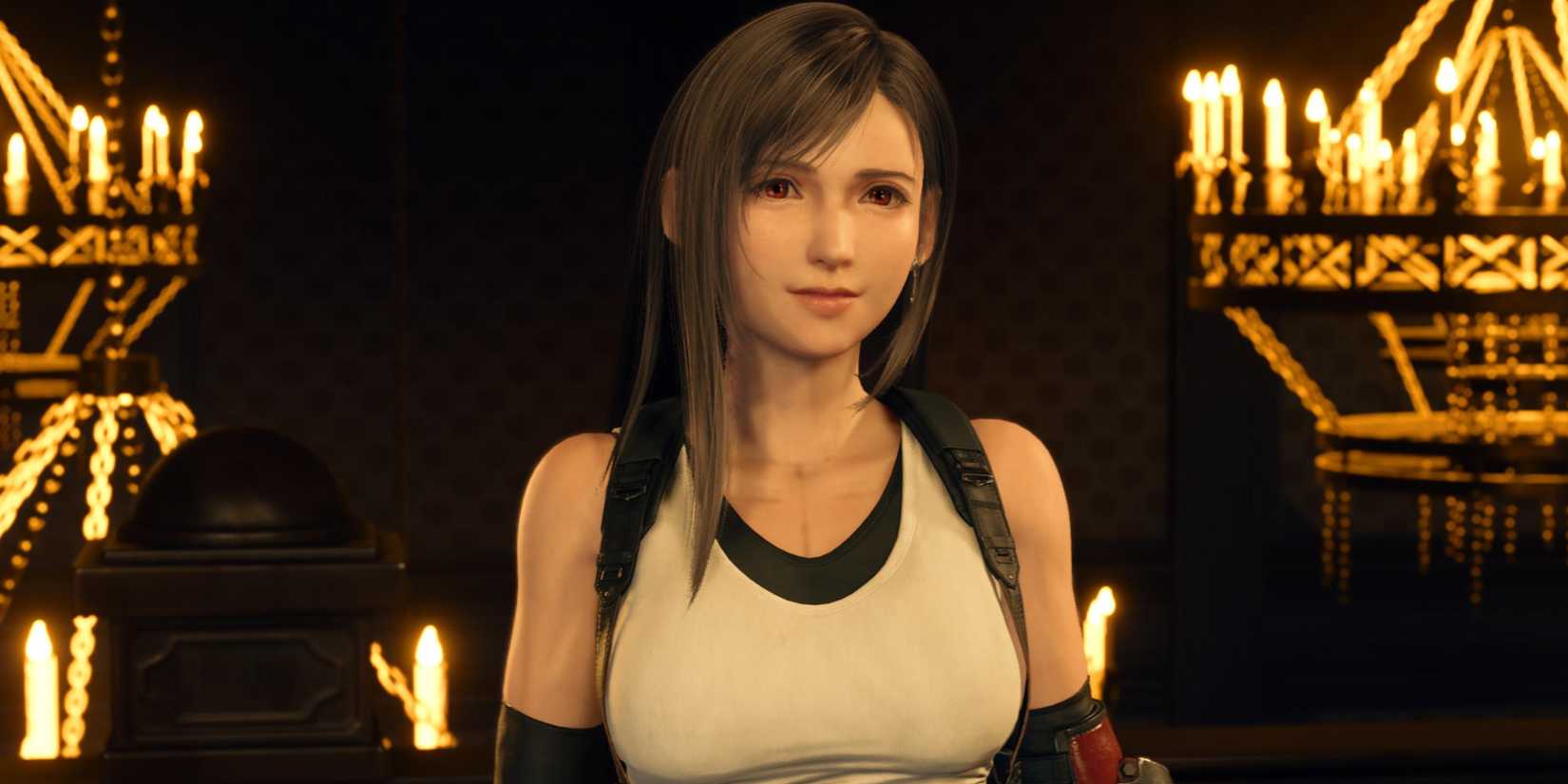 Tifa with a slight smile at the Gold Saucer in Final Fantasy 7 Rebirth.