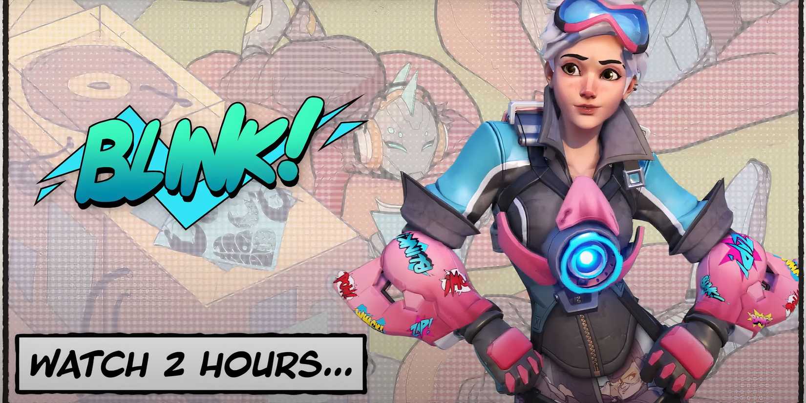 Tracer looking at a Blink emote with her hands on her hips in the Comic Book cosmetic. 