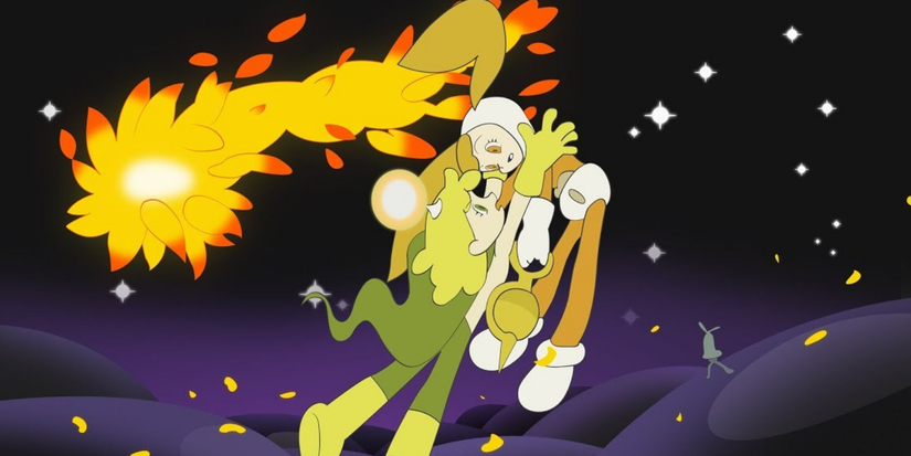 Two protagonists from Kaiba 2008 anime hugging in the space with a comet behind their