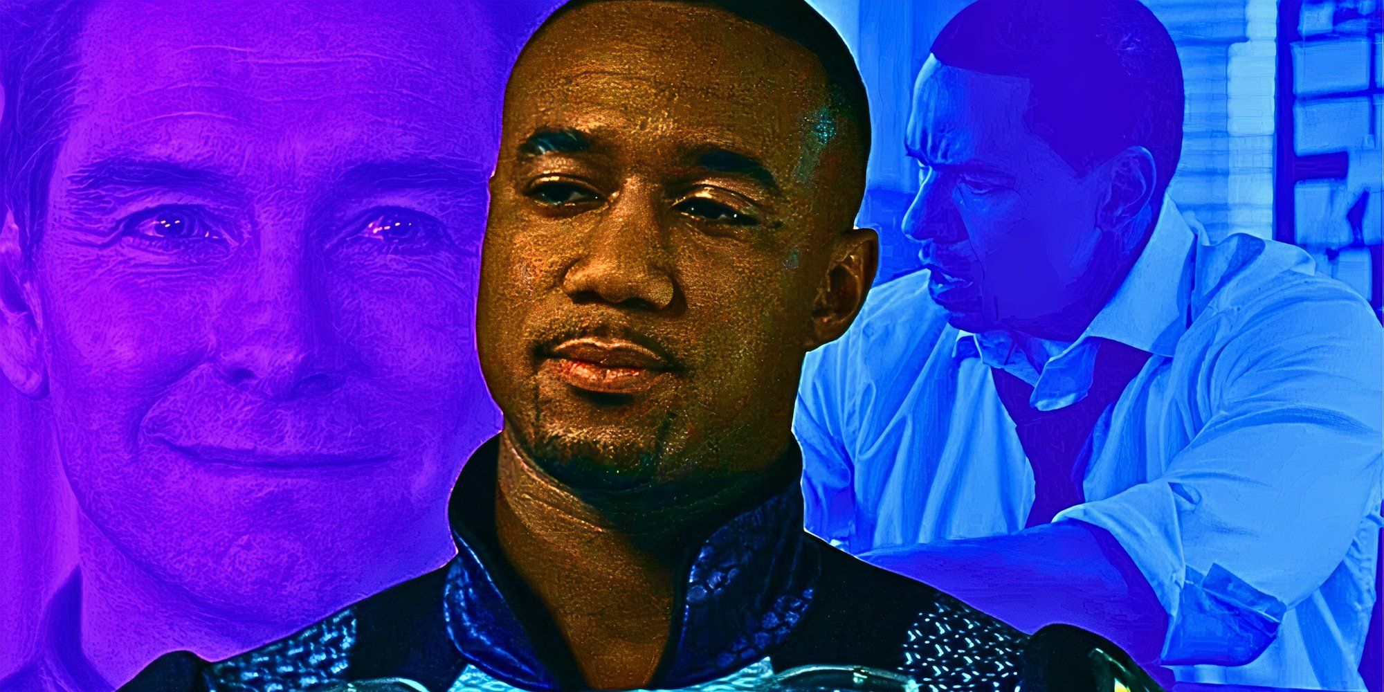 A custom image of Jessie T Usher looking unamused as A-Train in The Boys against a backdrop of Anthony Starr as Homelander and Laz Alonso as Mother's Milk