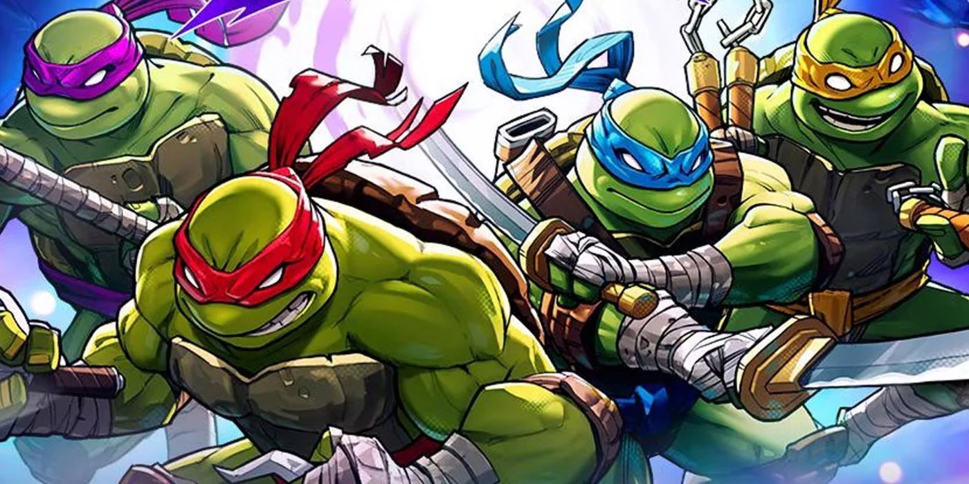 Comic book art: Teenage Mutant Ninja Turtles leaping into action.