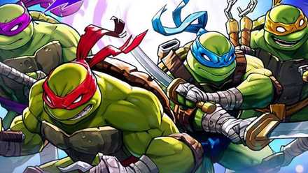 Comic book art: Teenage Mutant Ninja Turtles leaping into action.