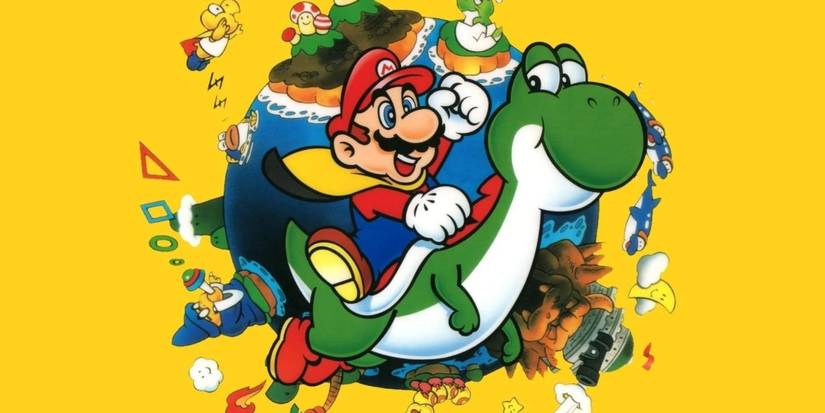 Mario riding atop Luigi with Super Mario World in the background