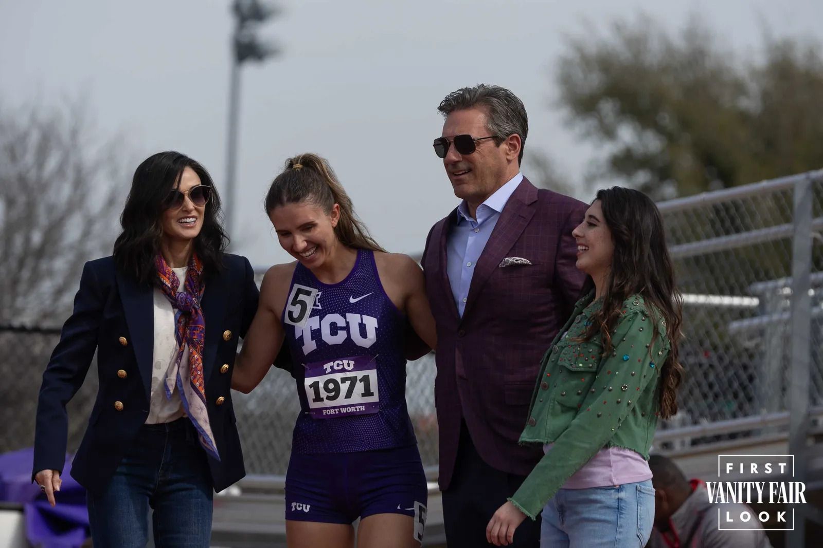 Demi Moore and Jon Hamm as Cami and Monty Miller, with their characters' daughters (Dani Raen and Rylie Rodriguez) in Landman