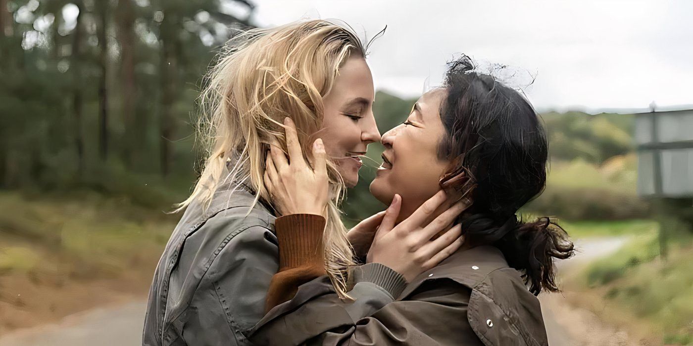 Villanelle (Jodie Comer) and Eve (Sandra Oh) look elated and smile after kissing in Killing Eve season 4