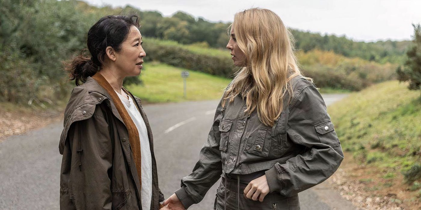 Villanelle (Jodie Comer) looks concerned while walking with a worried Eve (Sandra Oh) in Killing Eve season 4