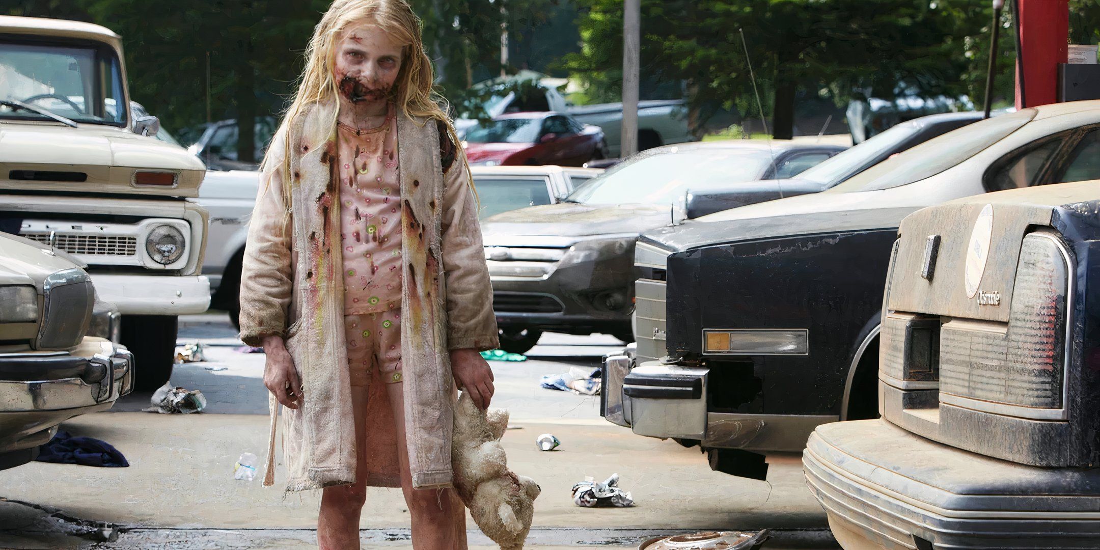 Zombie girl holding a teddy bear in The Walking Dead episode 1.