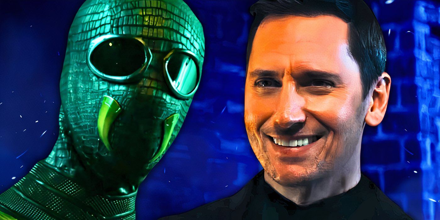 Webweaver in his mask next to Derek Wilson as Tek Knight smiling in front of a blue background in The Boys