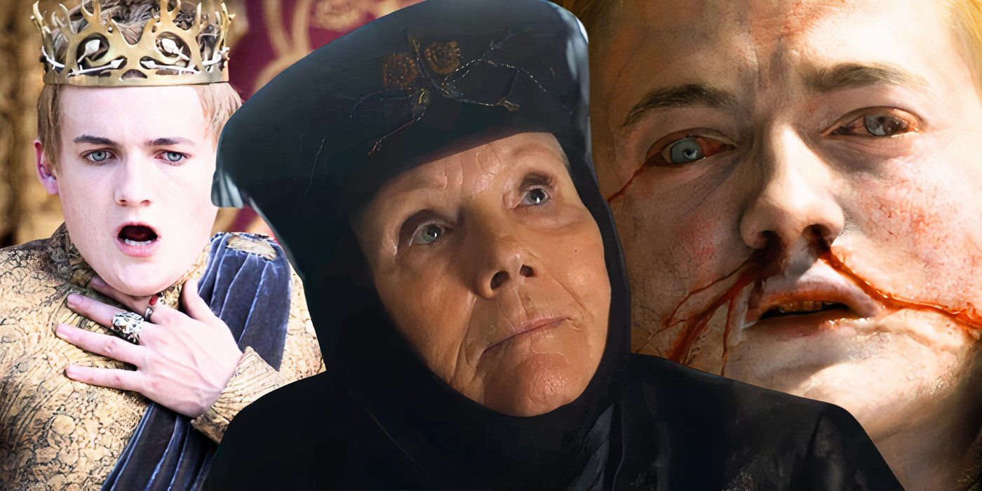A blended image of Olenna Tyrell between two images of Joffrey dying from the Strangler poison in Game of Thrones