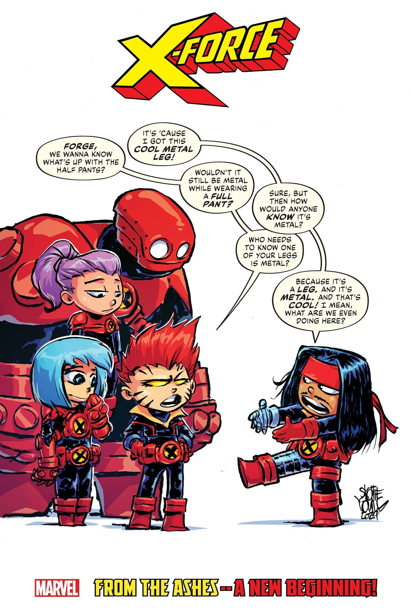 Forge discusses his cool leg with his X-Force teammates on Skottie Young variant cover for X-Force #1