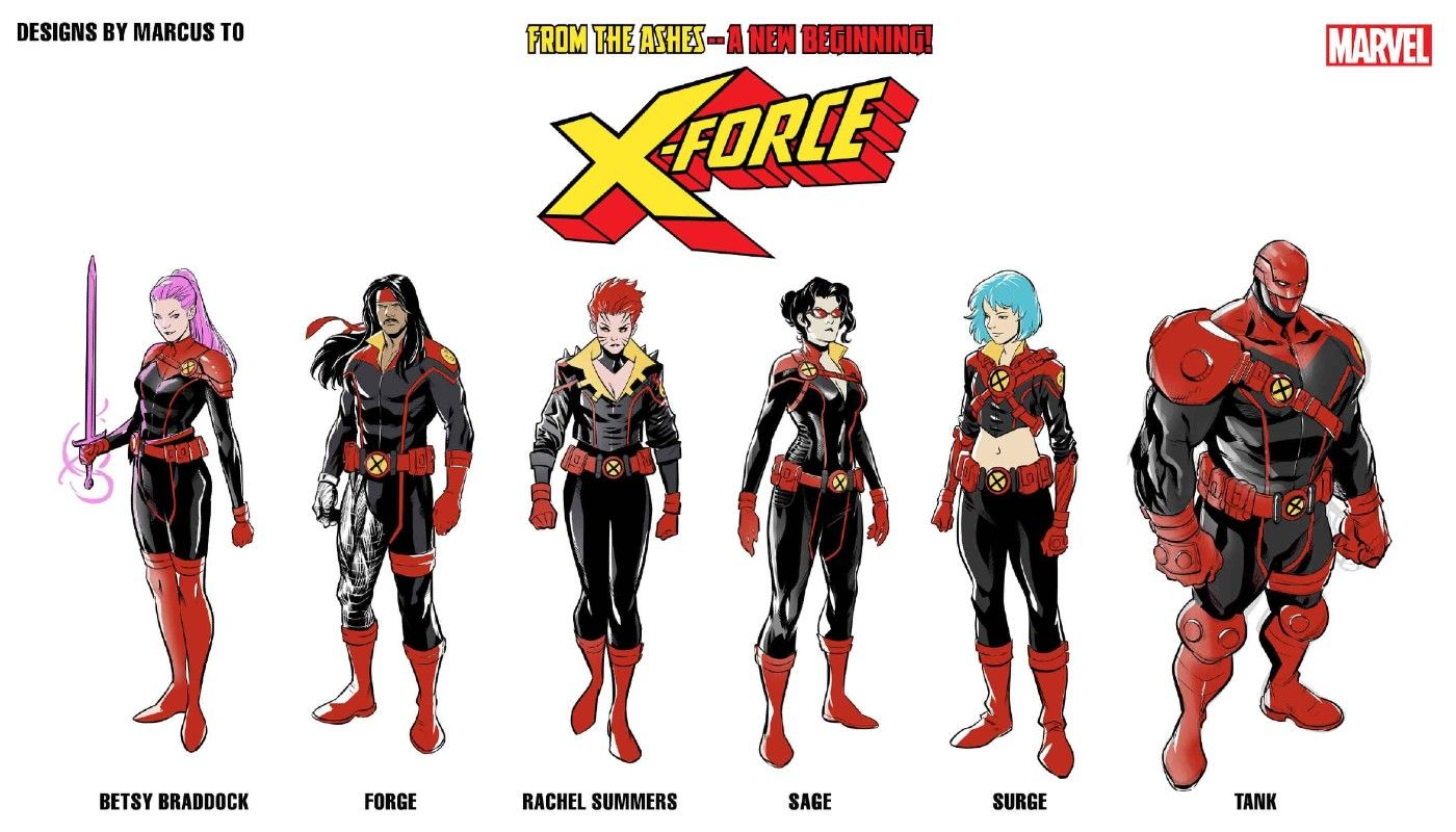 X-Force members Betsy Braddock, Forge, Rachel Summers, Sage, Surge and Tank stand in a row on a character design page by Marcus To.