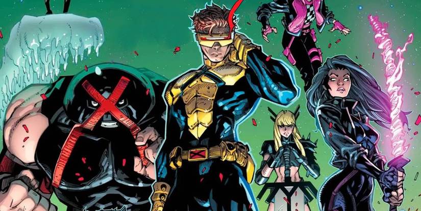 Juggernaut, Cyclops, Magik, Psylocke, Kid Omega, and Temper's feet on ice bridge. 