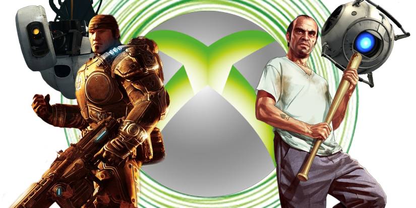 GLaDOS из Portal, Маркус Феникс из Gears of War, Тревор из GTA 5 и Wheatley из Portal 2 с большим логотипом Xbox 360 позади них