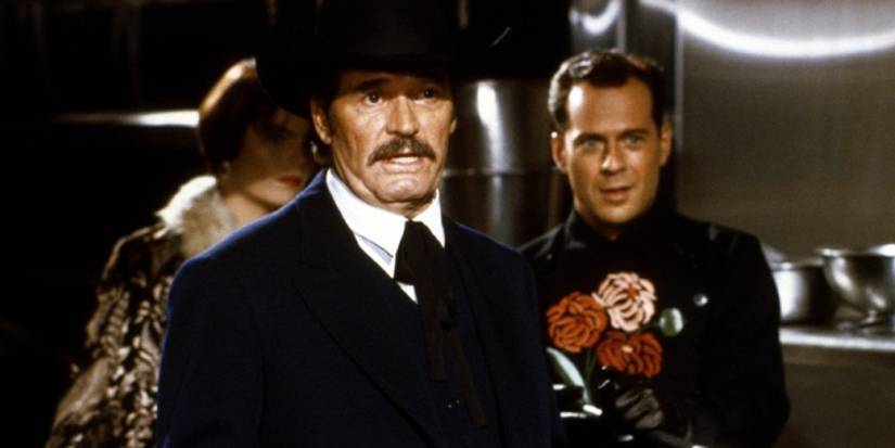 James Garner plays Wyatt Earp in Sunset with Bruce Willis standing behind him