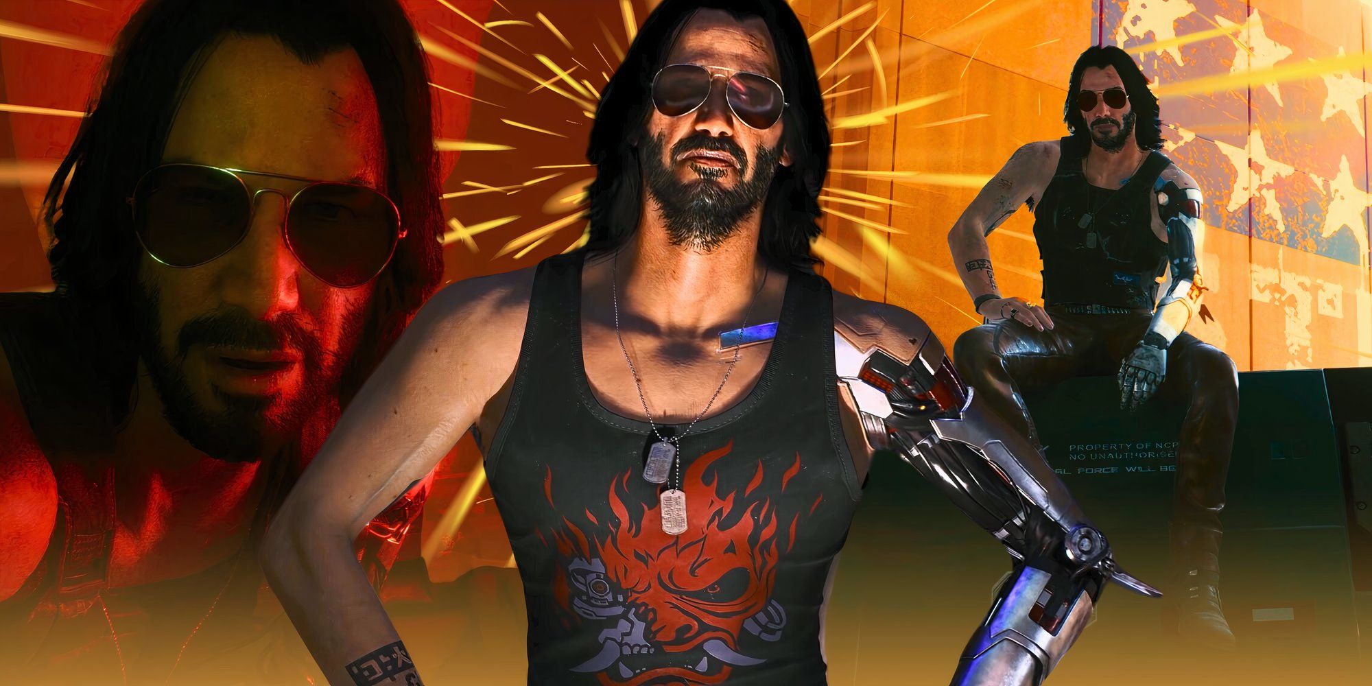 Three images of Johnny Silverhand from Cyberpunk 2077, the first a close-up of him on the left, then a mid-shot of him with his hands on his hips in the middle, and then a long shot of him sitting down on the right.