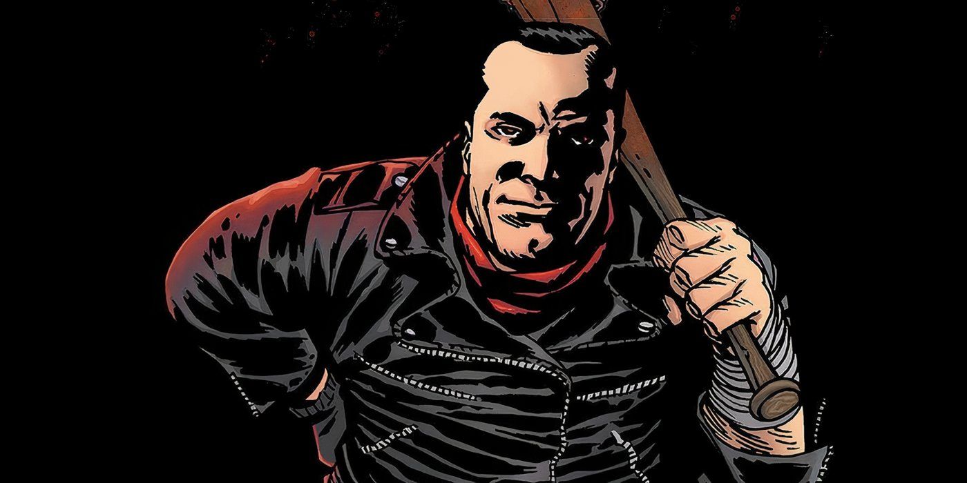 Negan holding his bat, Lucille, in The Walking Dead comic.