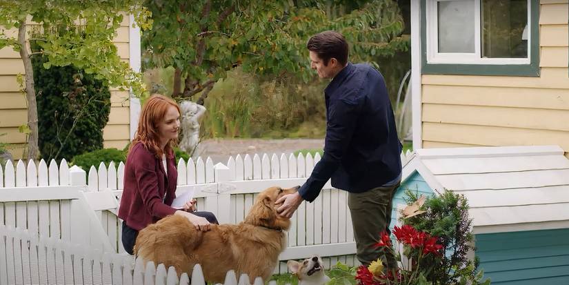 Morgan Kohan e Marcus Rosner sentados em um jardim com dois cães, um golden retriever e um corgi.