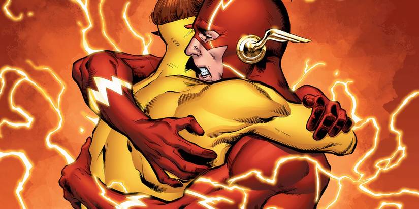A panel from DC Universe: Rebirth where Barry Allen hugs Wally West.