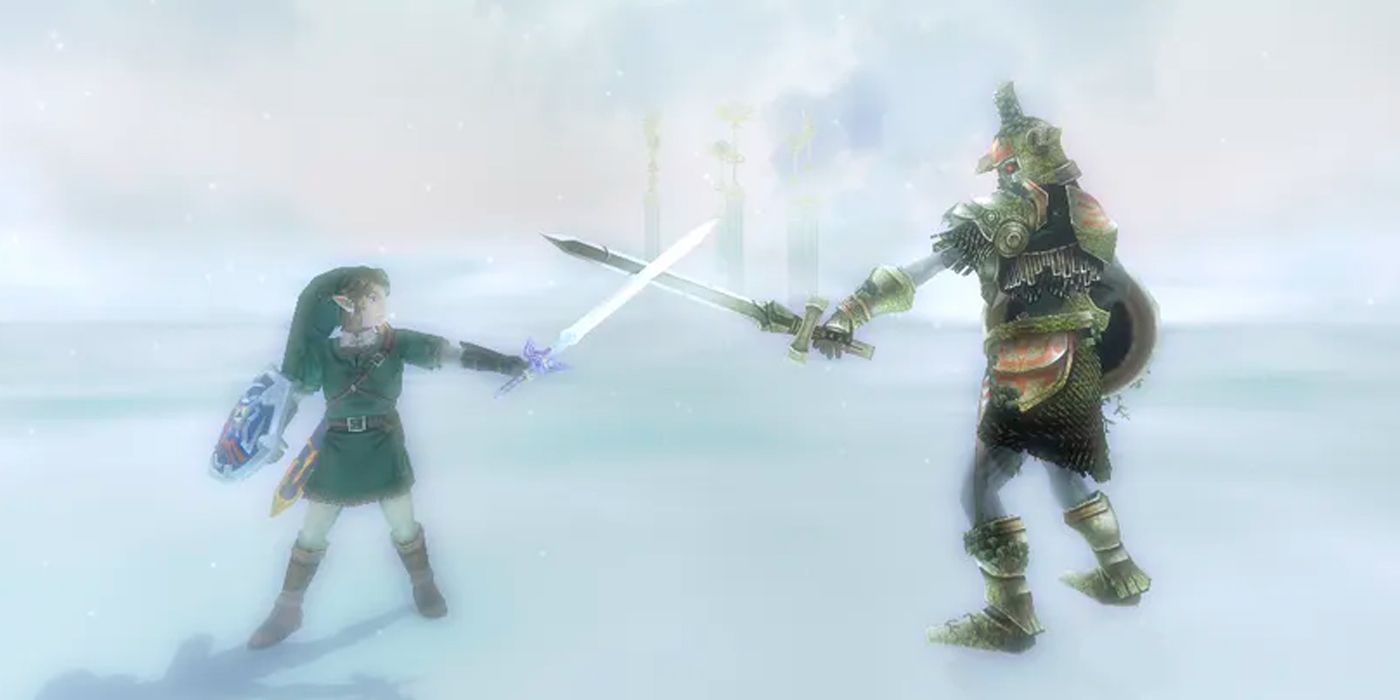 Link from Twilight Princess crossing blades with the mysterious warrior who teaches him new techniques.