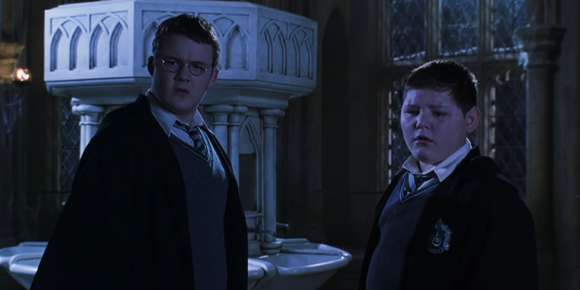 Crabbe and Goyle looking concerned in Harry Potter and the Chamber of Secrets