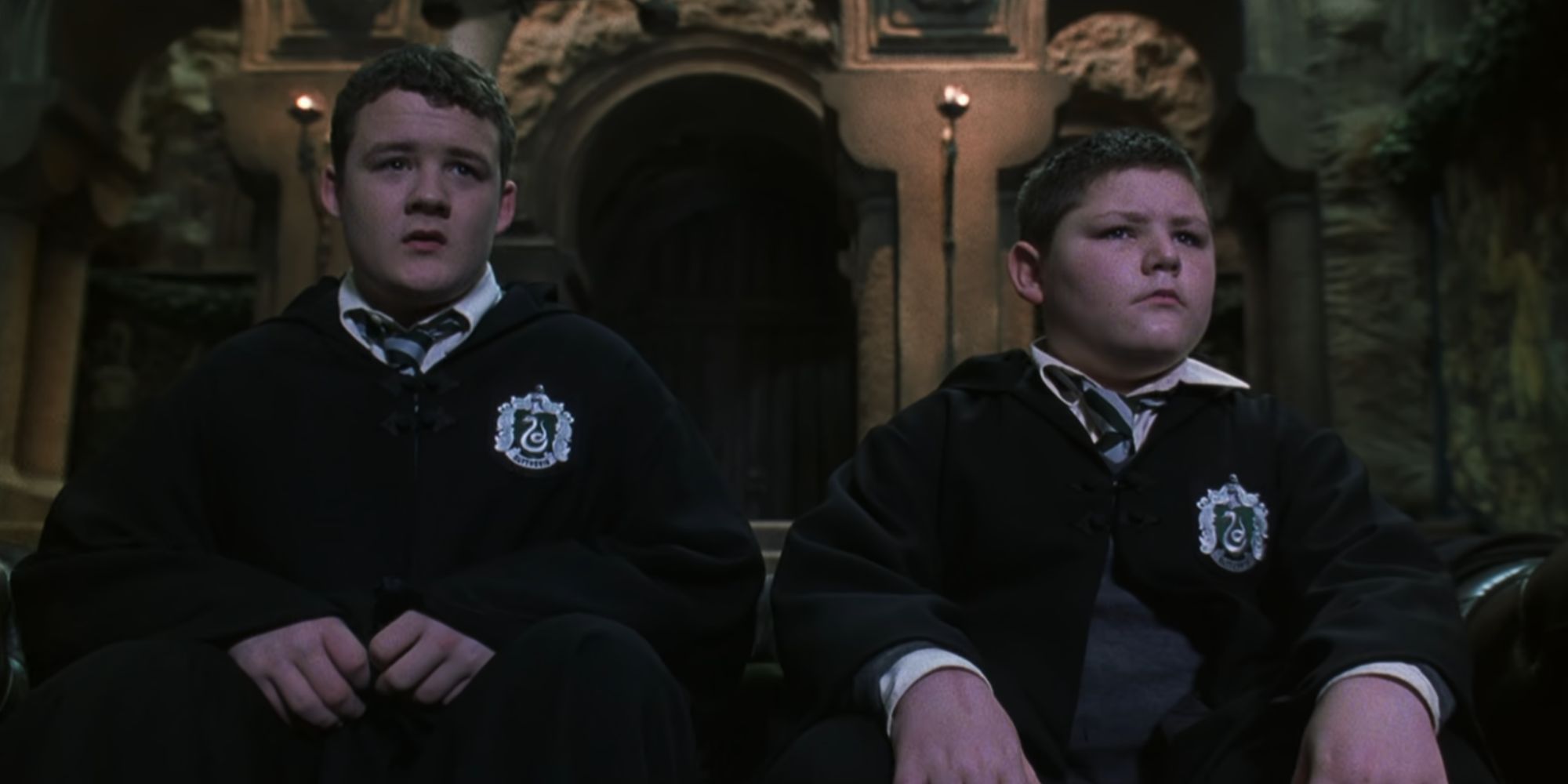 Crabbe and Goyle looking concerned in Harry Potter and the Chamber of Secrets