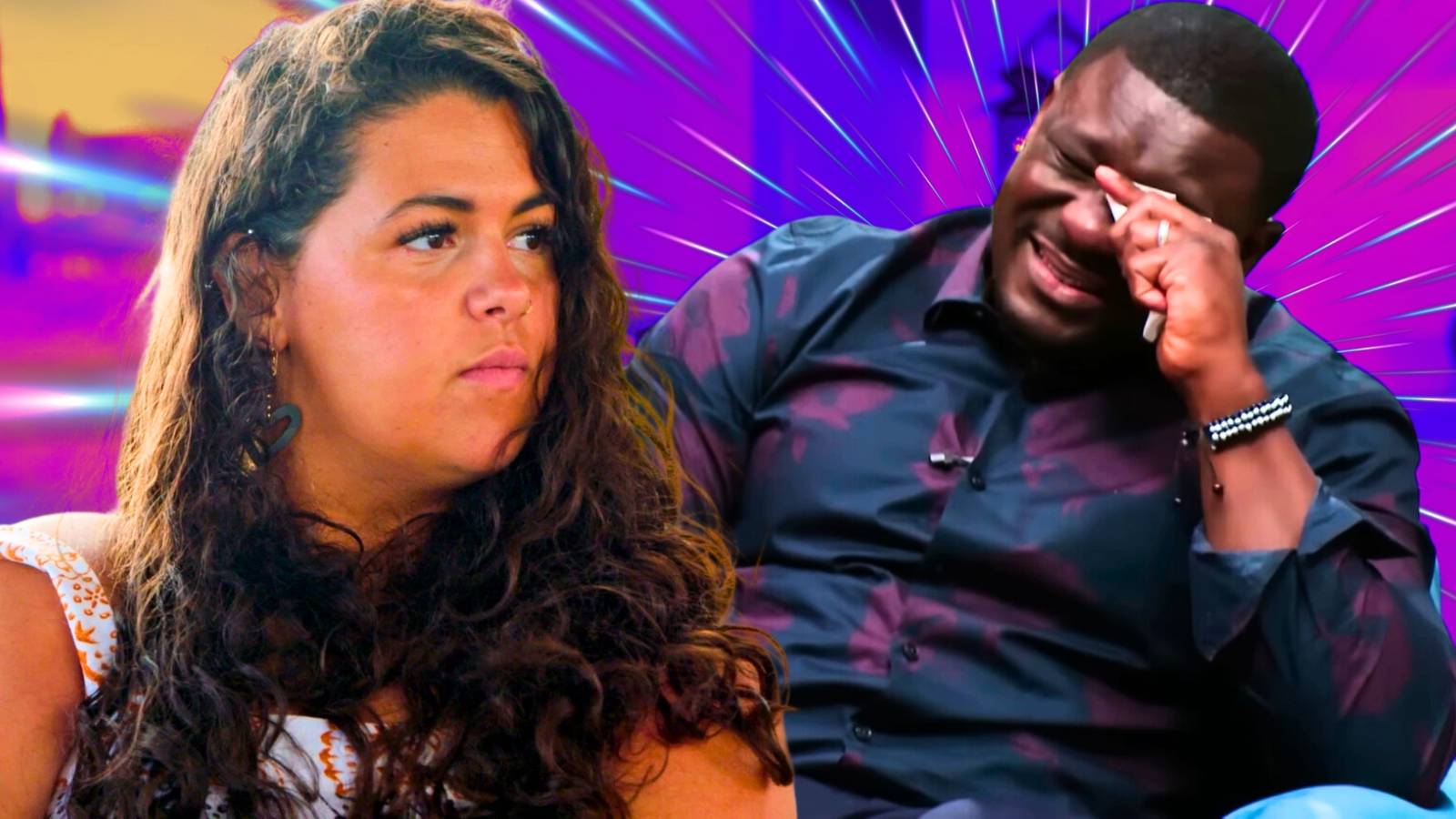 Kobe Blaise của chương trình 90 Day Fiancé bật khóc, còn Emily Bieberly thì trông rất nghiêm nghị.