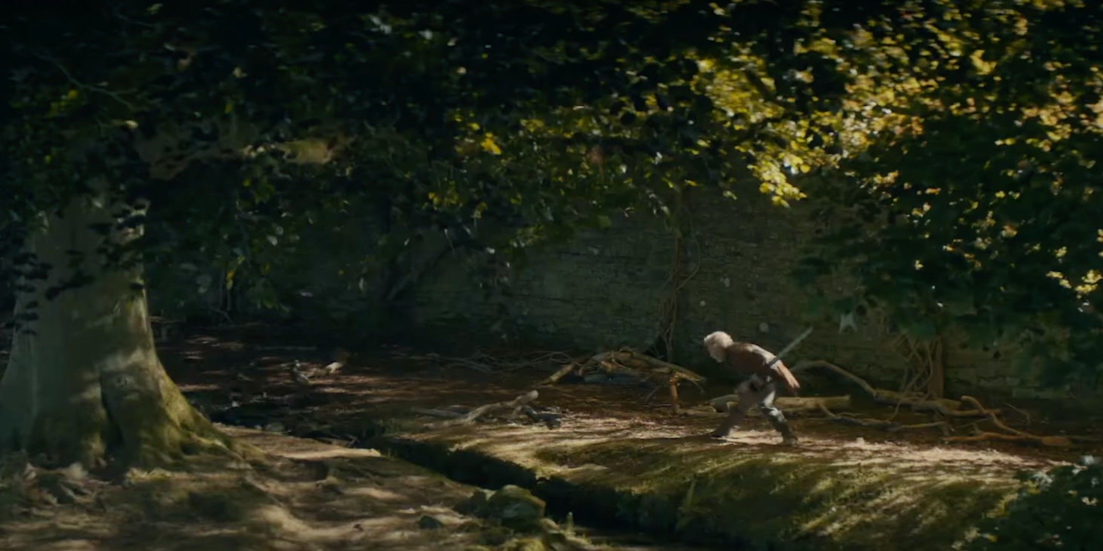 A man practicing swordfighting in the woods in A Knight of the Seven Kingdoms the Hedge Knight show