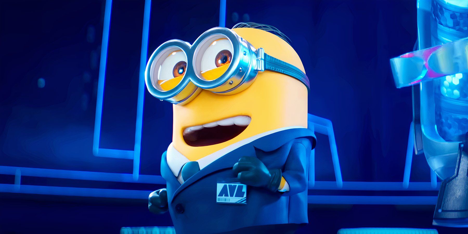 A Minion smiling while wearing an AVL uniform in Despicable Me 4