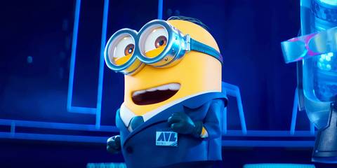 A Minion smiling while wearing an AVL uniform in Despicable Me 4