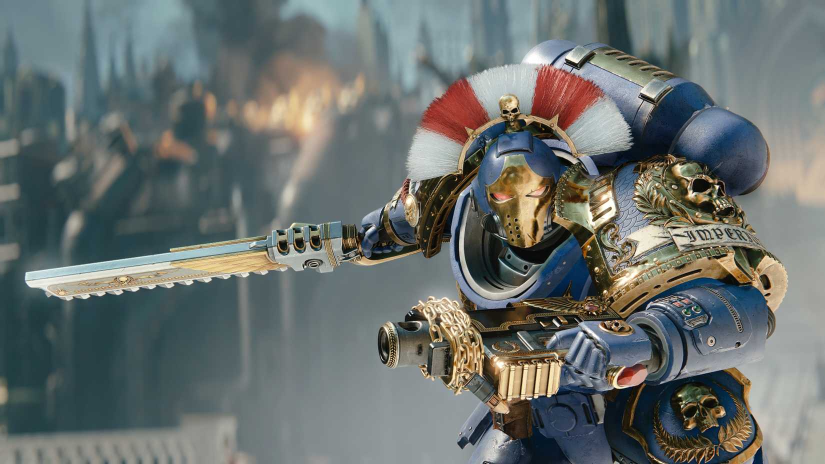 A Space Marine with an ornamental helmet brandishes a sword in Warhammer 40k Space Marine 2.