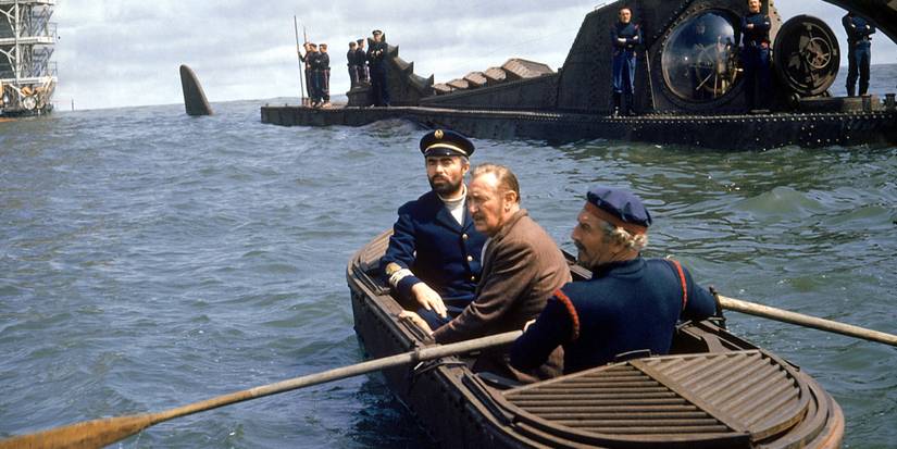 The cast of 20,000 Leagues Under the Sea rows away from the boat