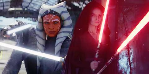 Ahsoka Tano (Rosario Dawson) in Ahsoka and Dark Rey Skywalker (Daisy Ridley) in Star Wars: The Rise of Skywalker