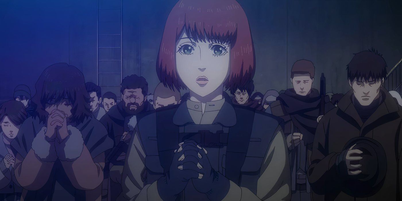 Annie and the other Resistance soldiers pray for Eiko's safe passage in Terminator Zero ep 2