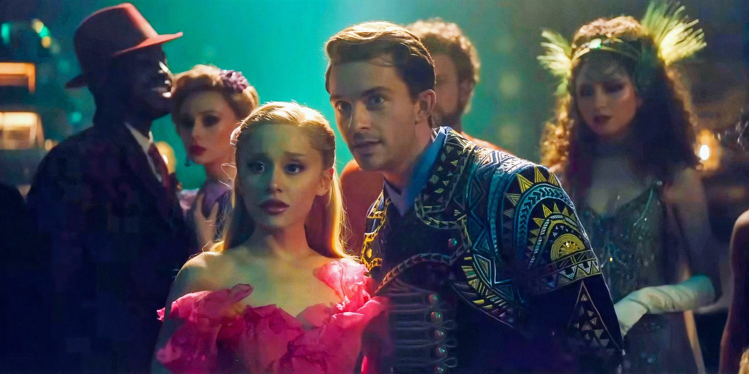 Arianna Grande as Glinda and Jonathan Bailey as Fiyero standing on a dance floor in Wicked