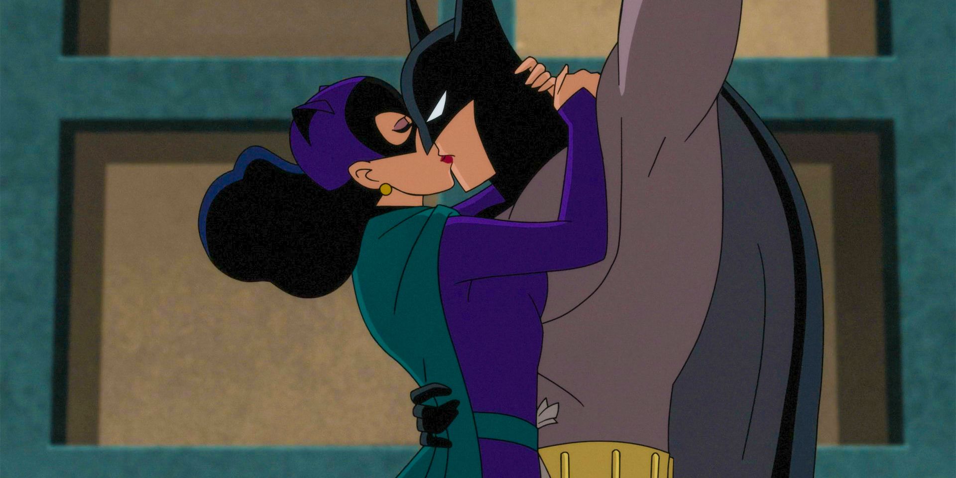 Catwoman kissing Batman hanging in Batman: Caped Crusader Season 1