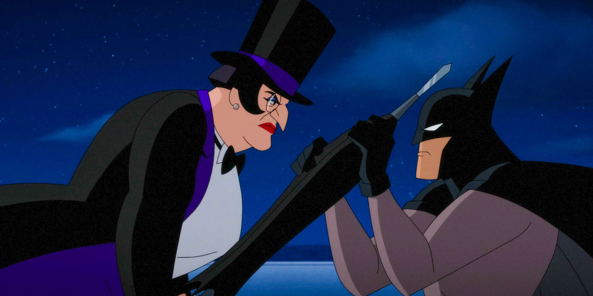 Penguin with her umbrella fighting against Batman in Batman: Caped Crusader Season 1