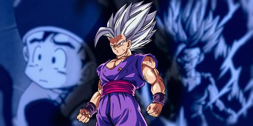 Beast Gohan stands in front of younger versions of himself.