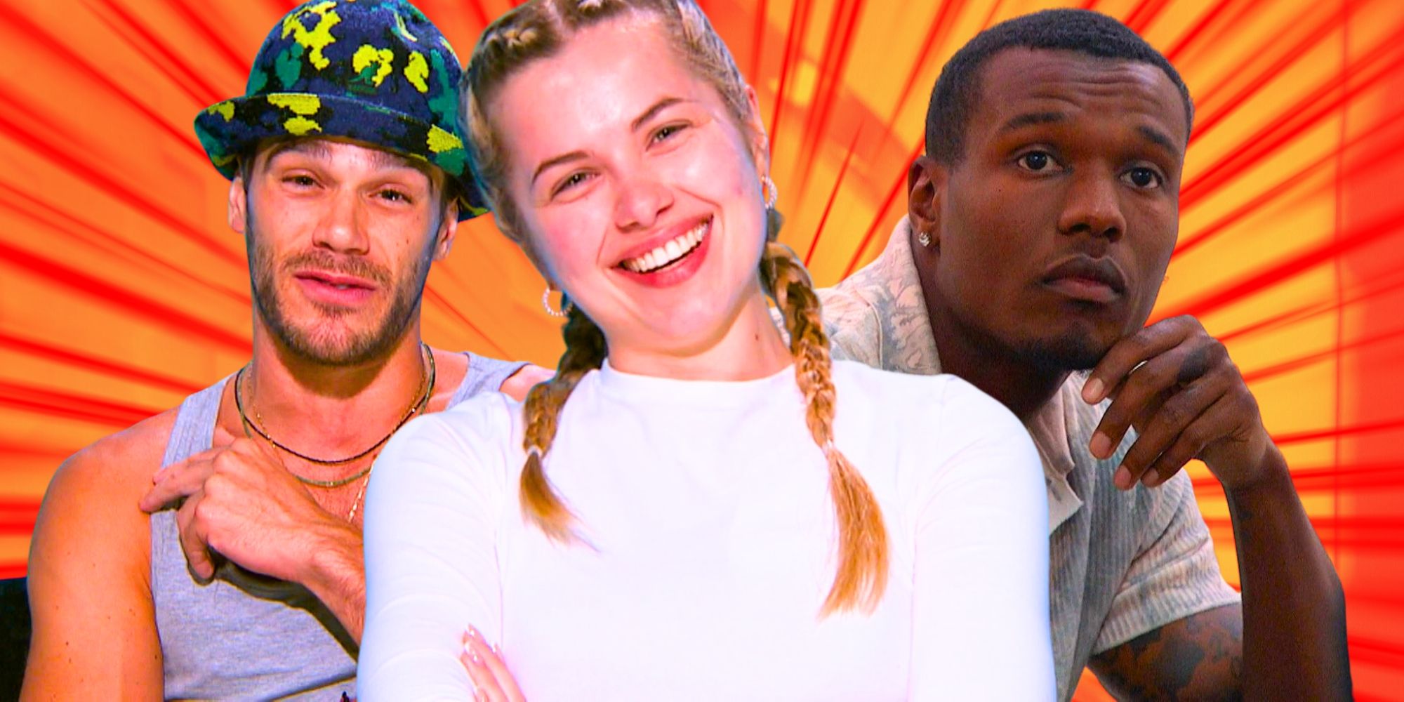 Big Brother 26's Tucker Des Lauriers and Cam Sullivan-Brown look serious while Leah Peters smiles.