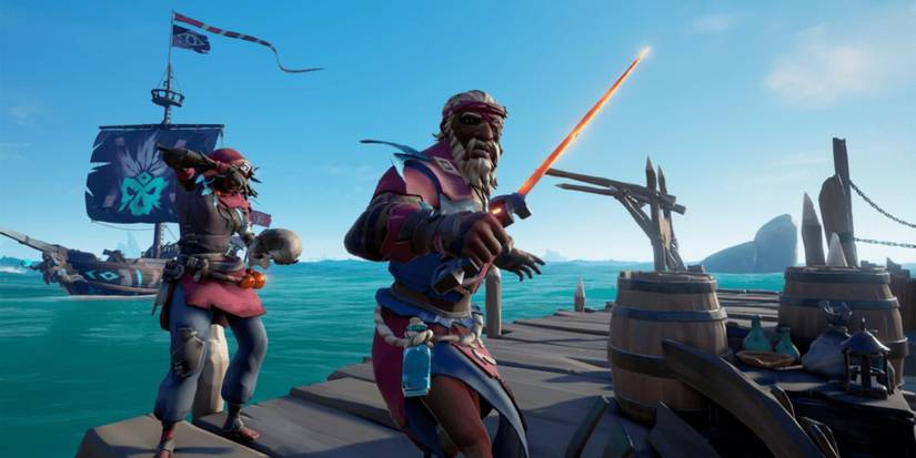 Player wielding the Blade of Souls weapon in Sea of Thieves, standing on the docks with a ship at sea in the background.