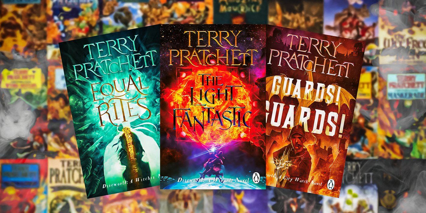 Covers of Equal Rites, The Light Fantastic and Guards! Guards! by Terry Pratchett