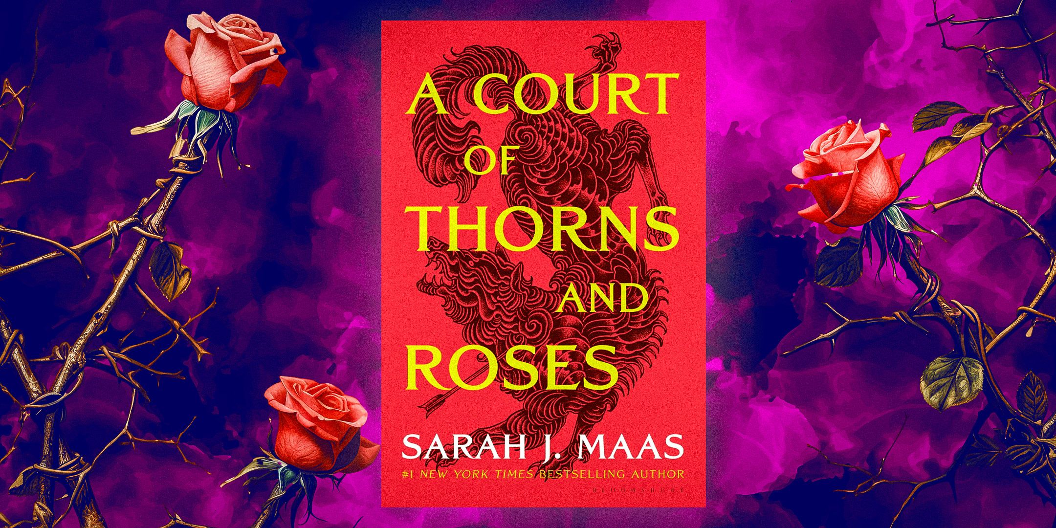 The cover of A Court of Thorns & Roses by Sarah J. Maas with purple clouds and roses as the background