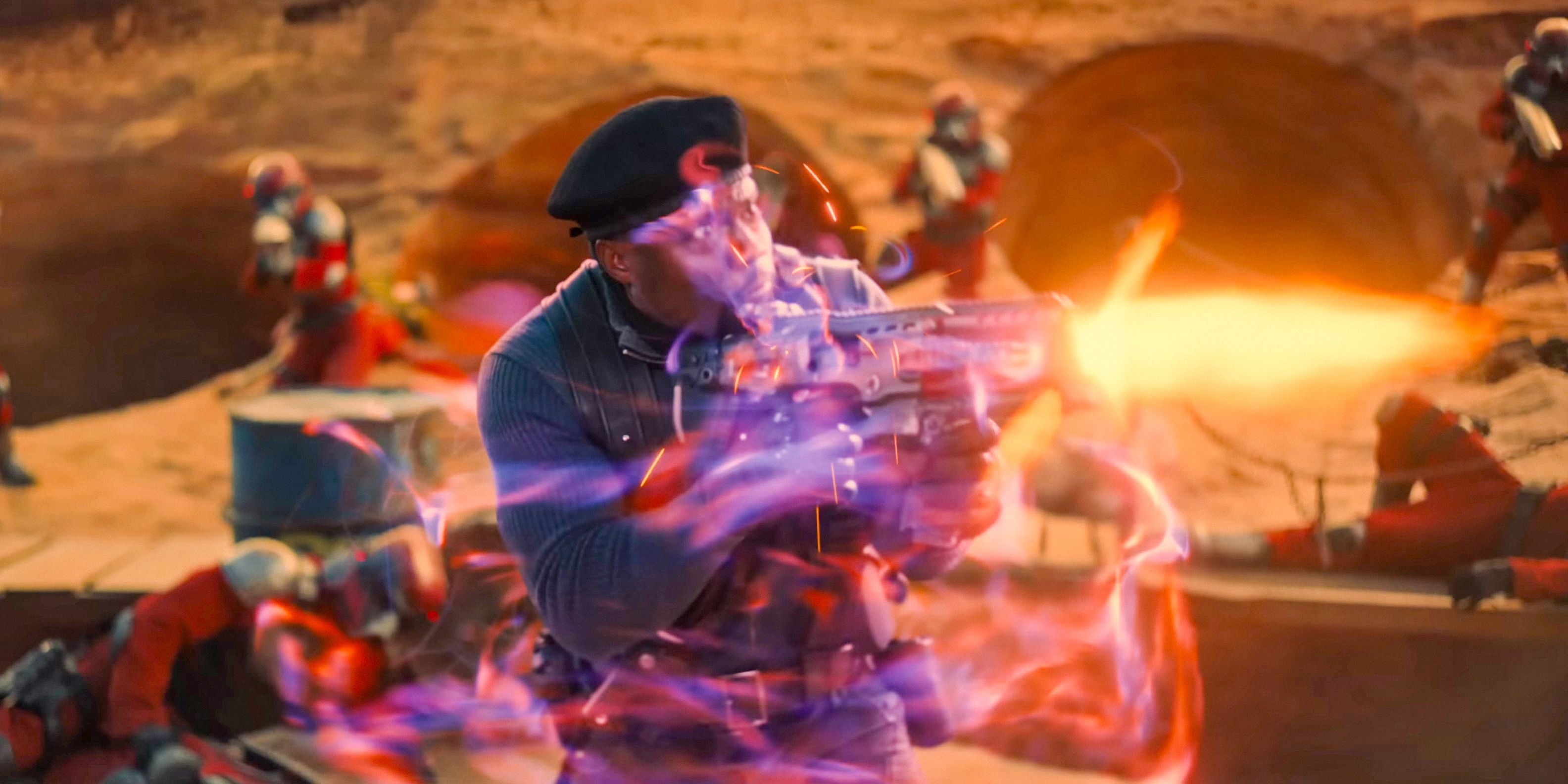 Kevin Hart as Roland blasting his gun in Borderlands (2024)