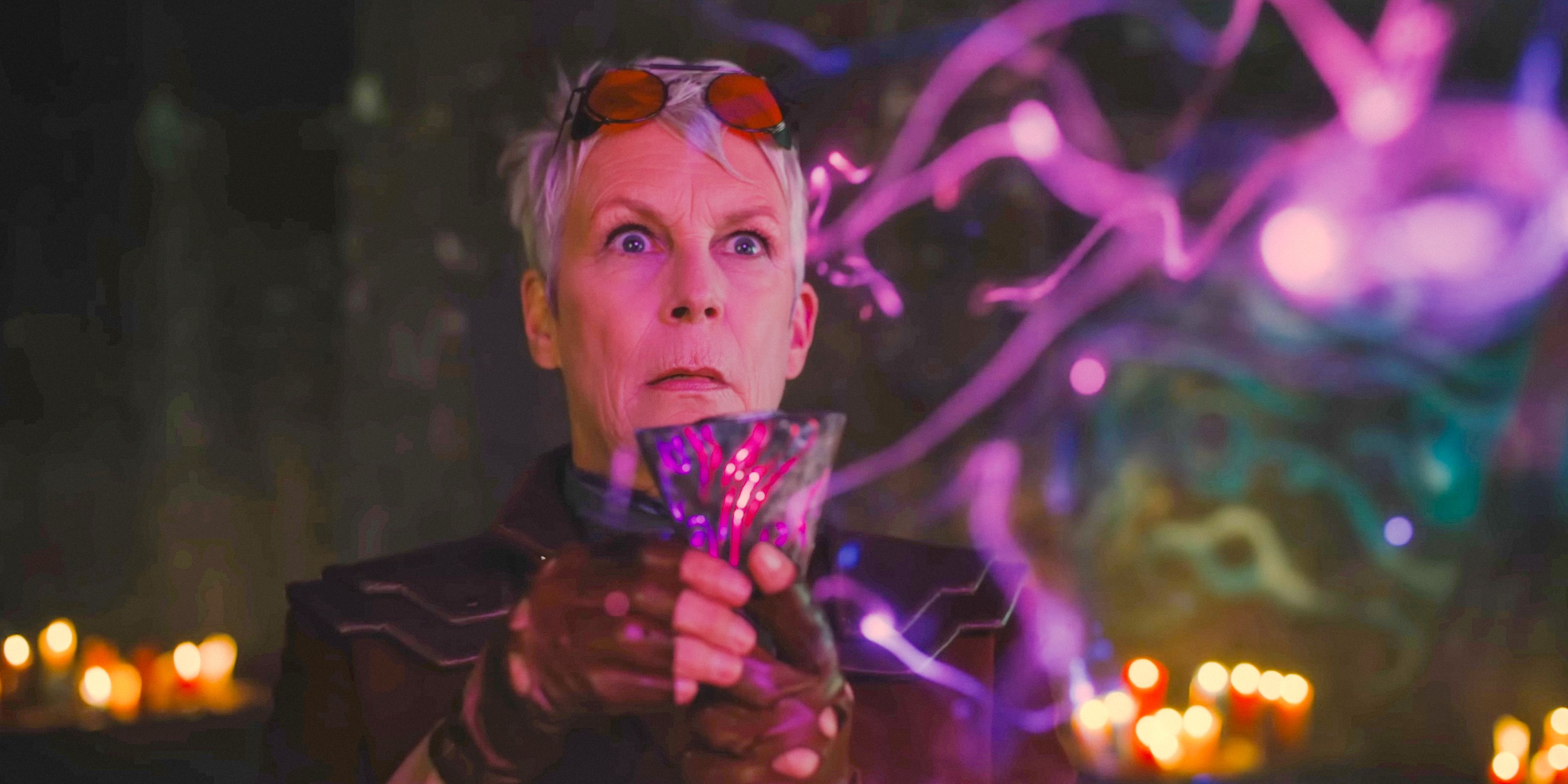 Dr. Tannis (Jamie Lee Curtis) looking shocked in Borderlands (2024)