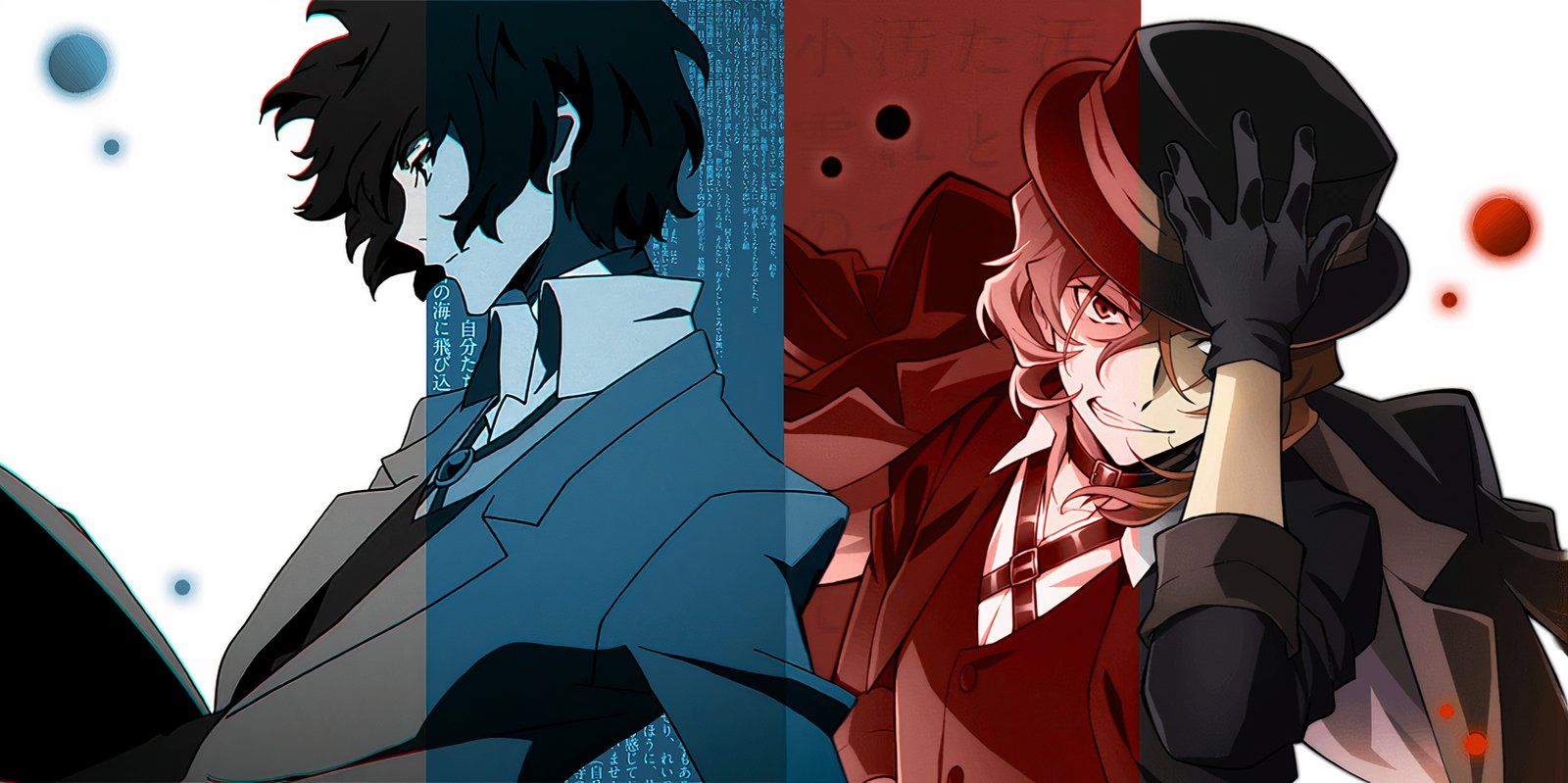 Bungo Stray Dog's Dazai stands in profile view with Chuuya, who is holding his hat and facing the camera, beside him 