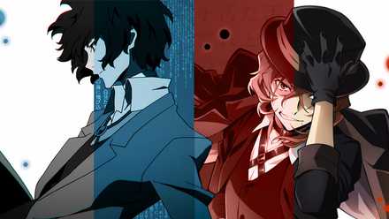 Bungo Stray Dog's Dazai stands in profile view with Chuuya, who is holding his hat and facing the camera, beside him
