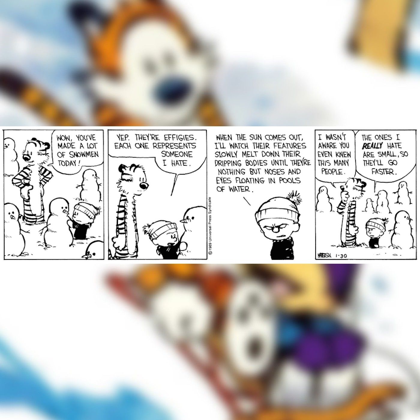 Calvin hace un muñeco de nieve con la gente que odia