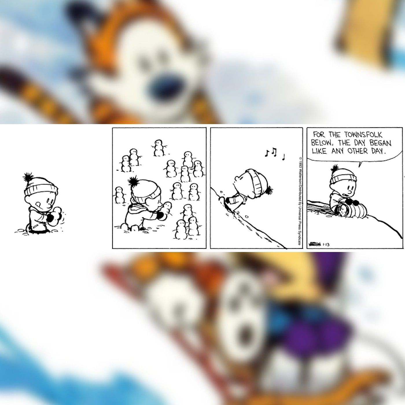 Calvin se prepara para montar un grupo de muñecos de nieve.