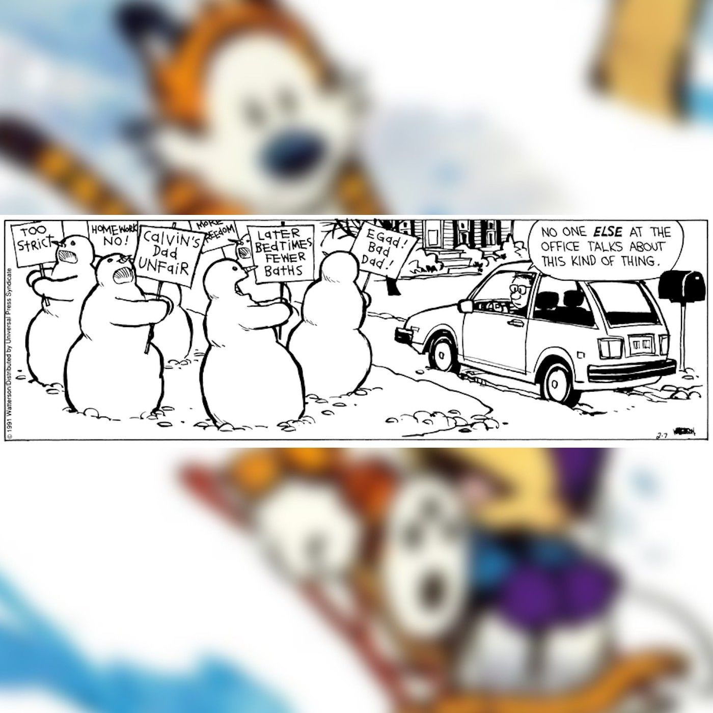 El padre de Calvin se enfrenta a los manifestantes de muñecos de nieve.